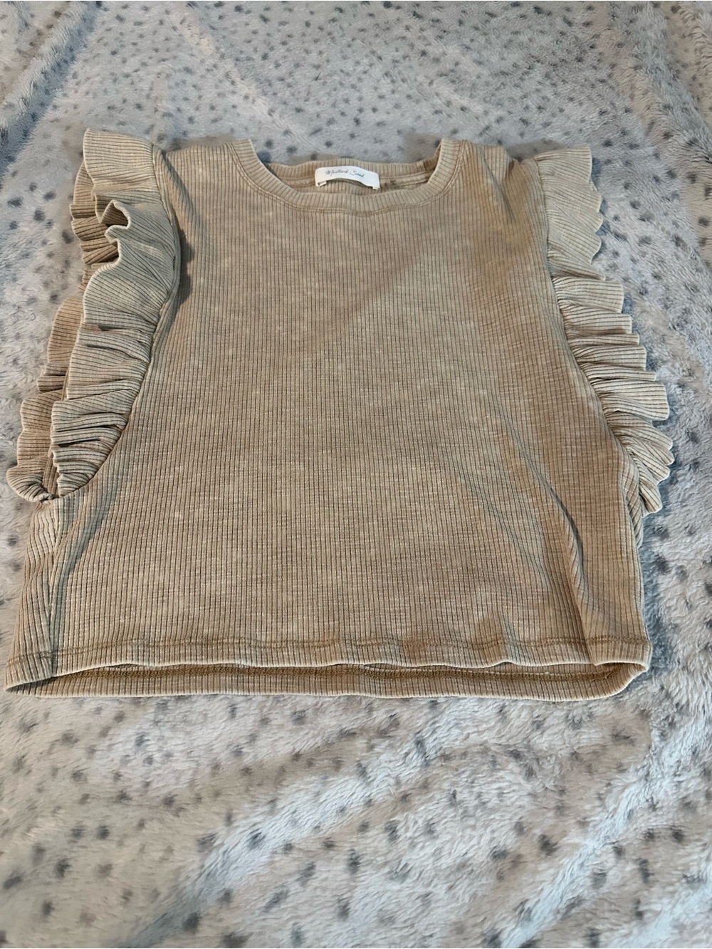 Mustard Seed Ribbed Ruffle Sleeve Top in Taupe